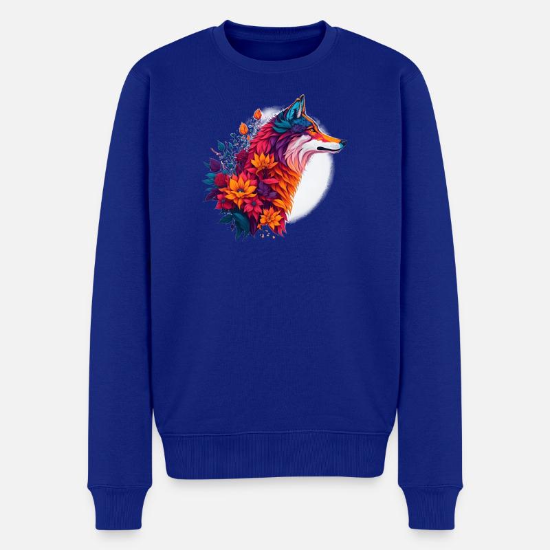 Wolf mit Blumenbouquet - Männer Premium Bio Pullover - Royalblau