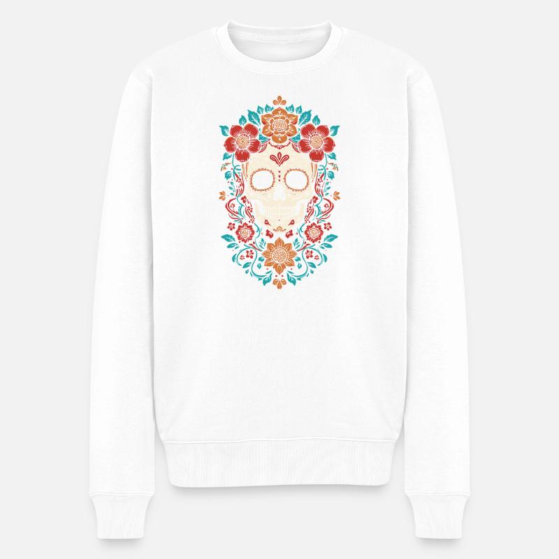 Zuckerschädel Blumenkrone - Männer Premium Bio Pullover - Weiß