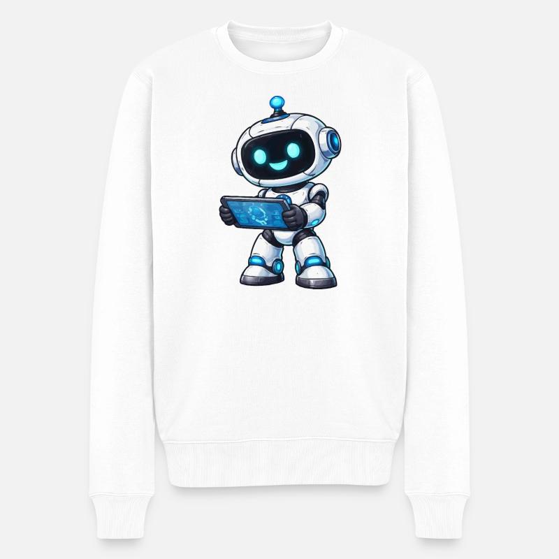 Kleiner Roboter mit Tablet - Männer Premium Bio Pullover - Weiß