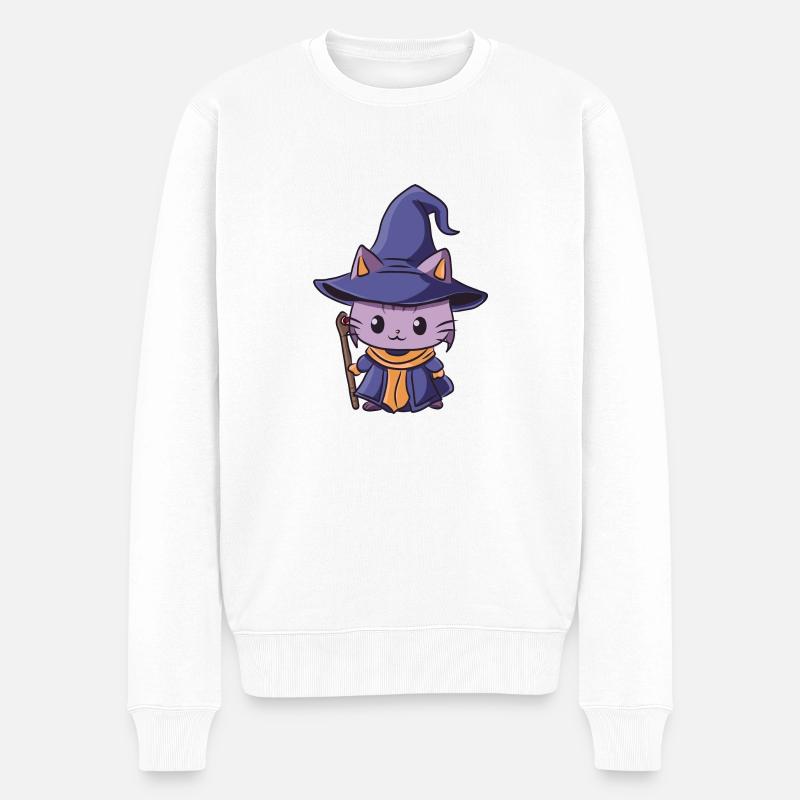 Schwarz Magier Katze - Männer Premium Bio Pullover - Weiß