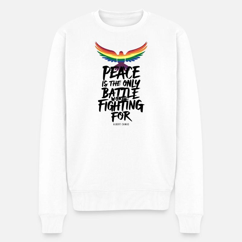 Feuriger Regenbogen-Zungenflug mit Friedensbotschaft - Männer Premium Bio Pullover - Weiß