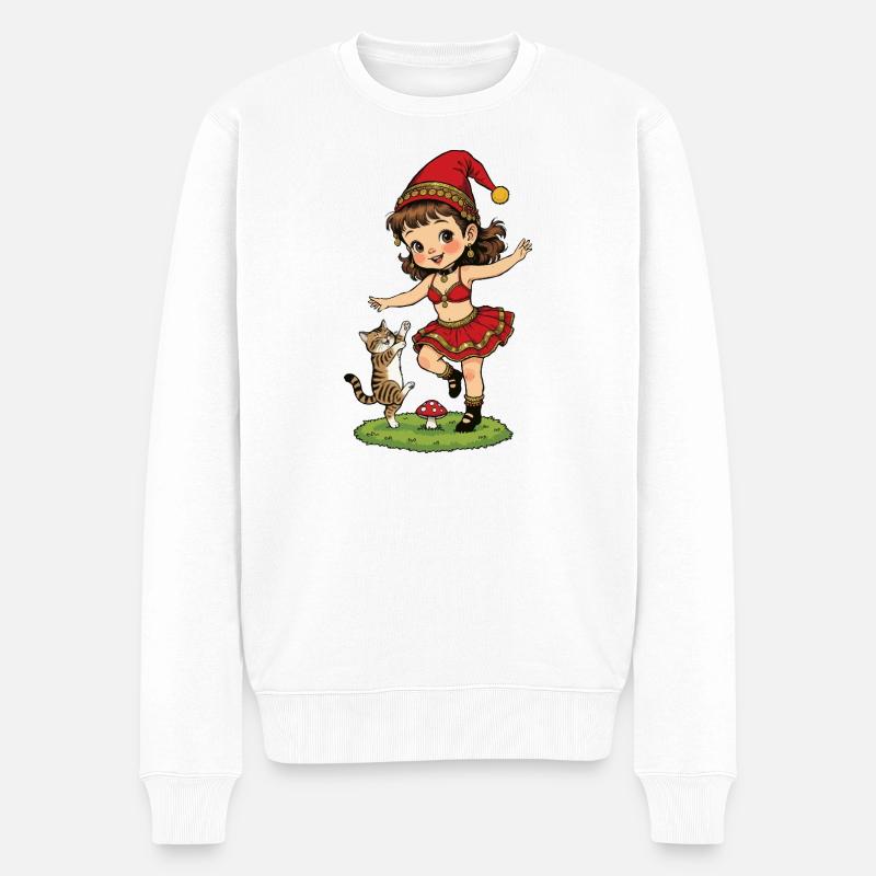 Leprechaun-Mädchen tanzt mit Katze - Männer Premium Bio Pullover - Weiß