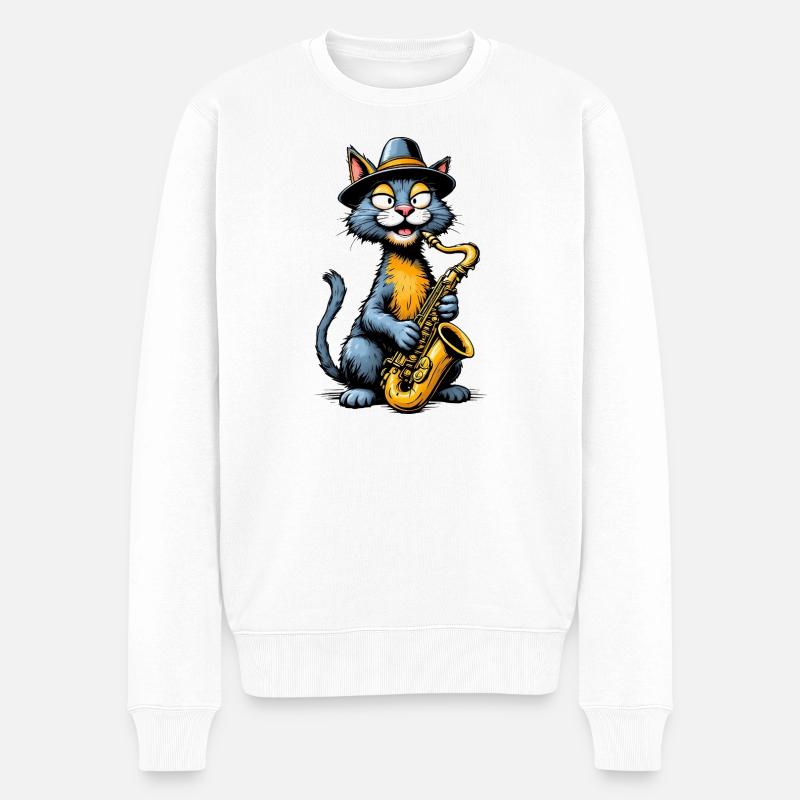 Jazz Cat mit Saxophon - Männer Premium Bio Pullover - Weiß