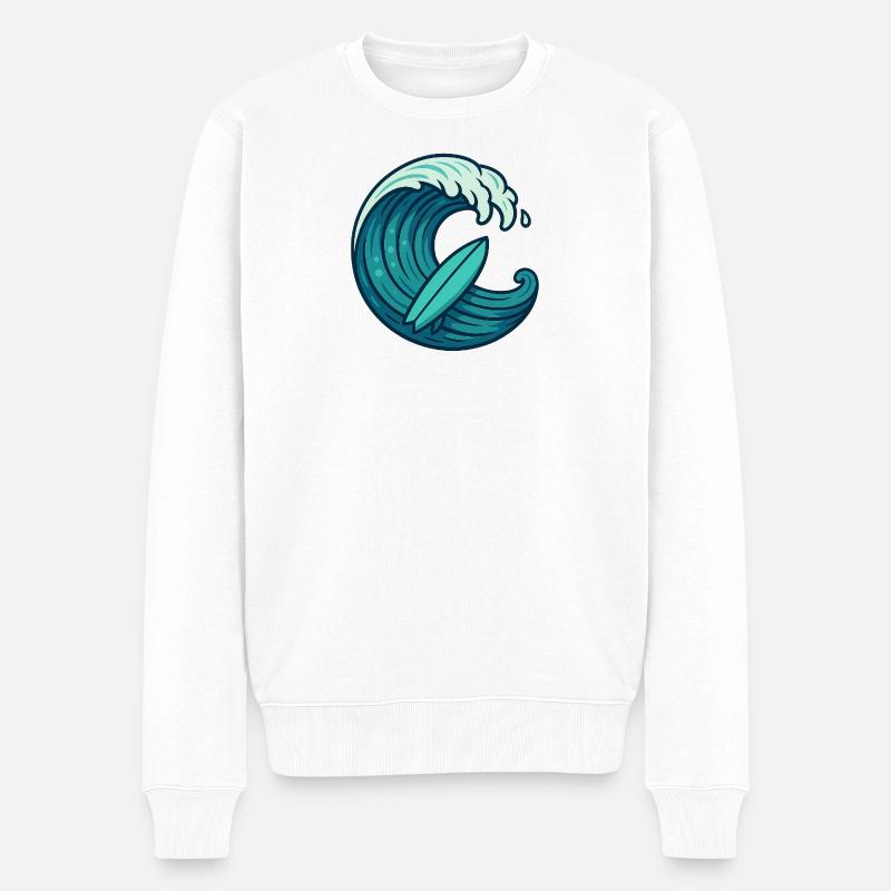 Surf Welle – Retro Surfbrett Design - Männer Premium Bio Pullover - Weiß