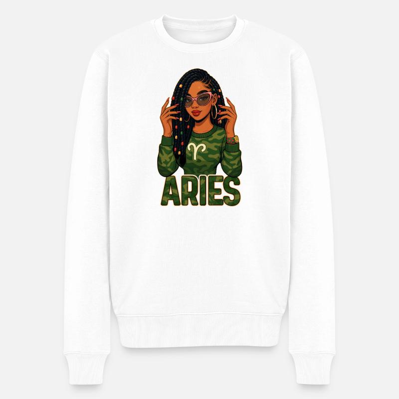 Widder-Königin – Lock-Afro-Mädchen-Feuer-Energie - Männer Premium Bio Pullover - Weiß