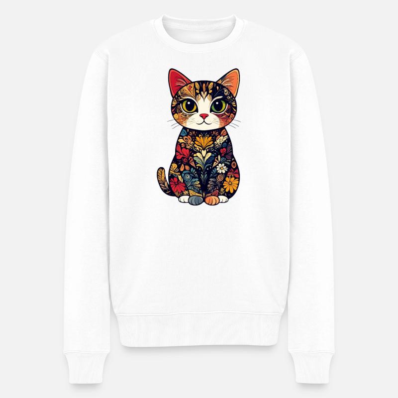 Kunstkatze Blumenkatze im Farbmosaik Blüten Muster - Männer Premium Bio Pullover - Weiß