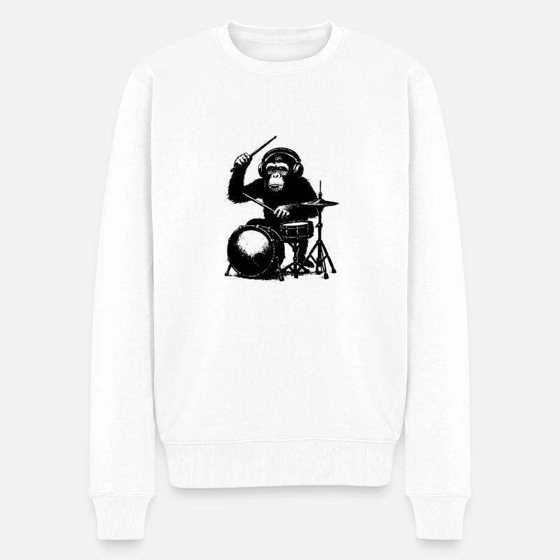 Grimmiger Affe am Schlagzeug - Männer Premium Bio Pullover - Weiß