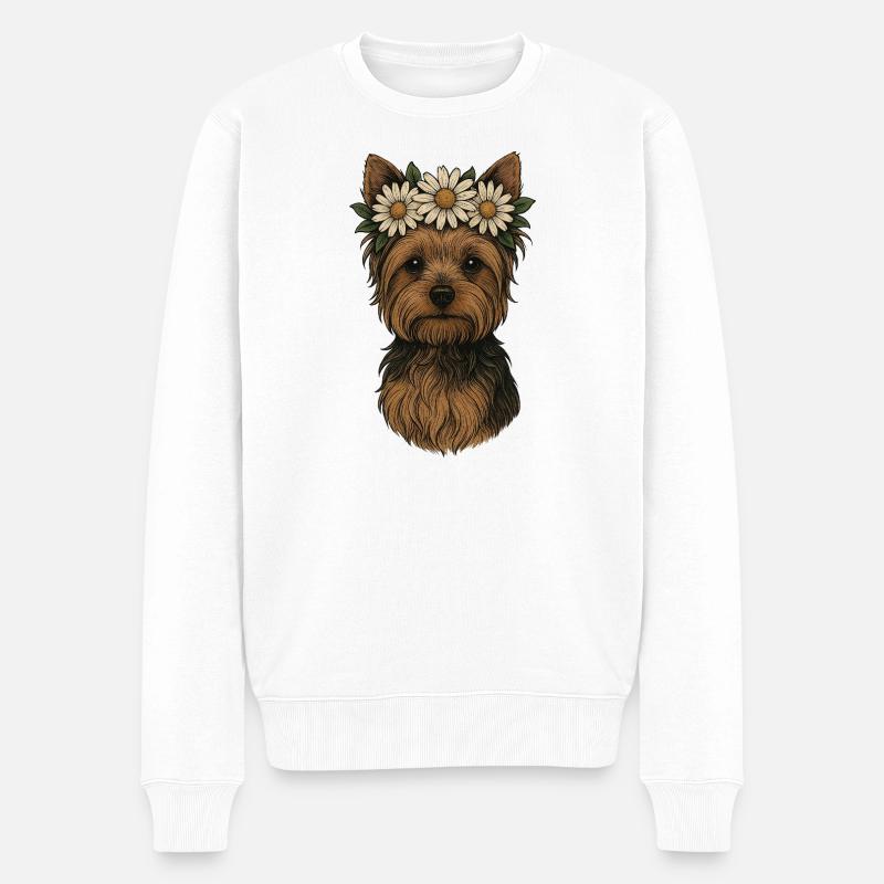 Yorkshire Terrier mit Gänseblümchenkrone - Männer Premium Bio Pullover - Weiß