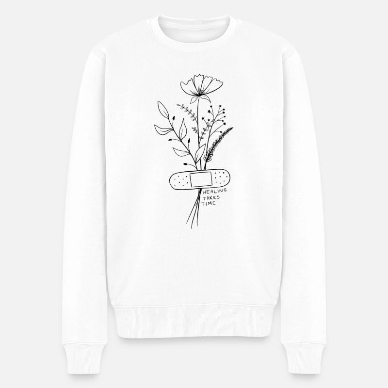 Heilung braucht Zeit | Minimalistisches Blumenzitat - Männer Premium Bio Pullover - Weiß