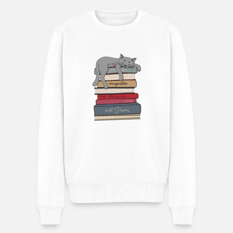 Katze schläft auf Büchern - Männer Premium Bio Pullover - Weiß