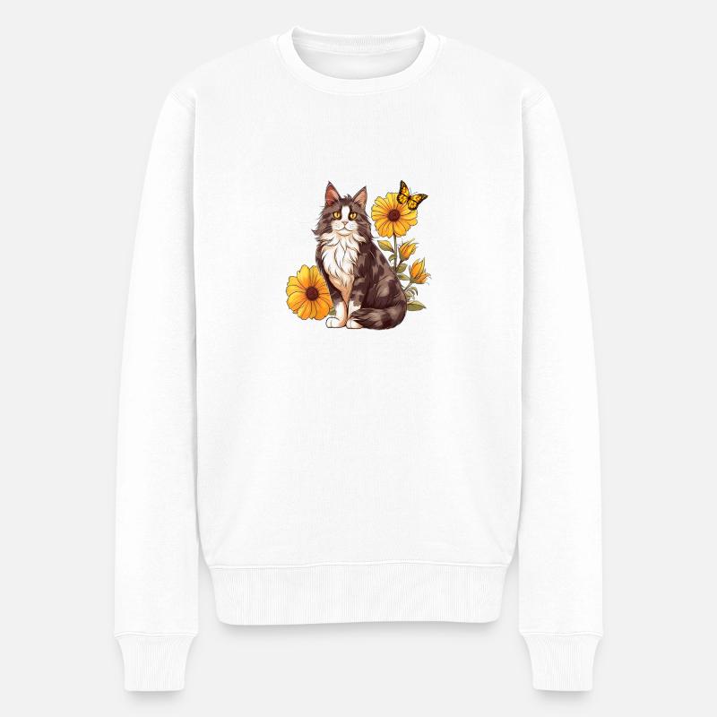 Chats et tournesols papillon - Pull Premium bio Homme - blanc