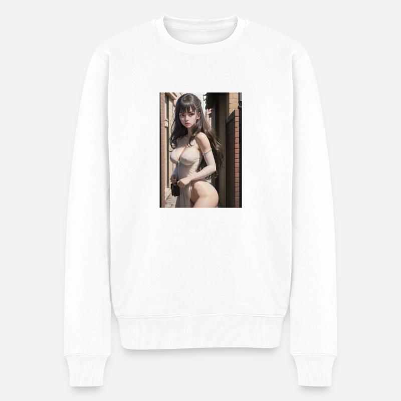 Woman in a alley, town,Generated AI - Männer Premium Bio Pullover - Weiß