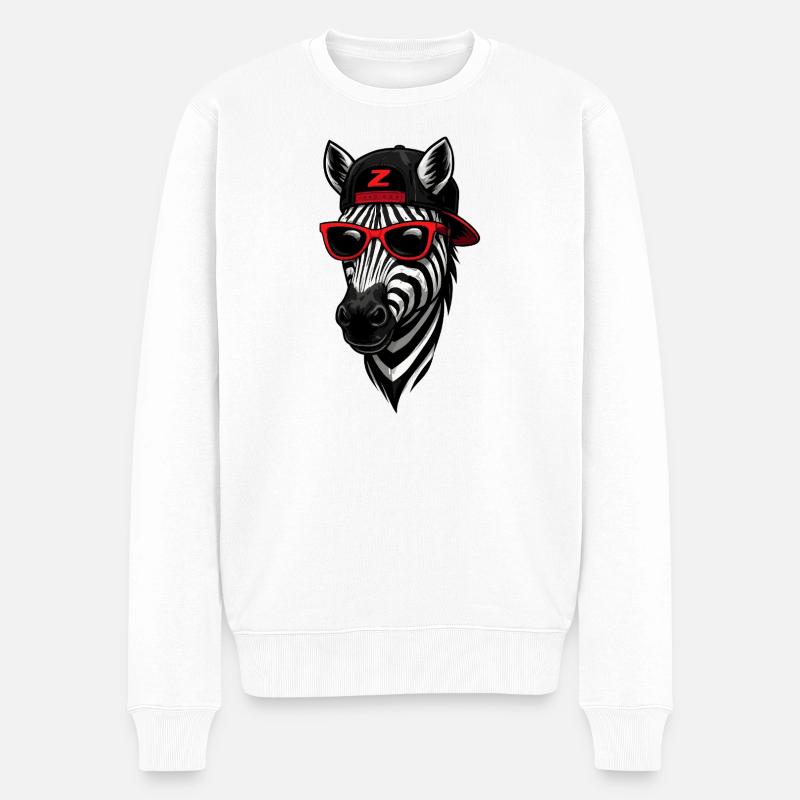 Cooles Zebra mit Cap und Sonnenbrille  - Männer Premium Bio Pullover - Weiß