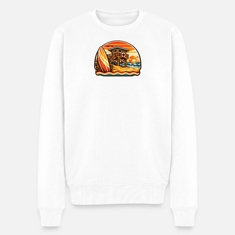 Strand Lifeguard Sonnenuntergang Surfboard - Männer Premium Bio Pullover - Weiß