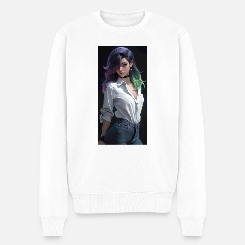 Ätherische Eleganz: Schöne Anime-Frau mit - Männer Premium Bio Pullover - Weiß