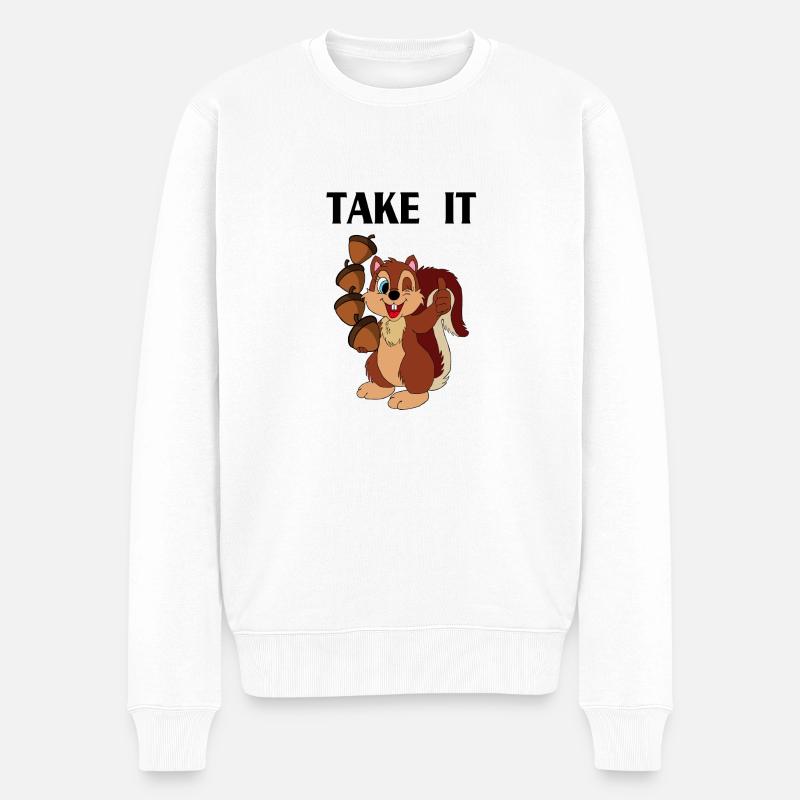 TAKE IT Schriftzug mit Eichhörnchen - Männer Premium Bio Pullover - Weiß