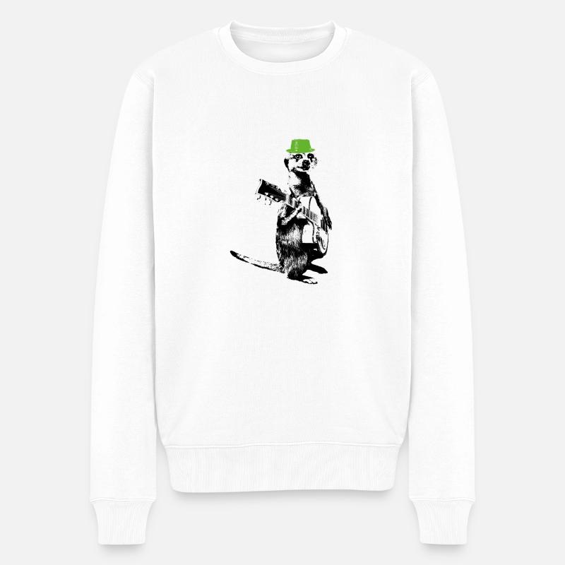 Meerkat Guitarplayer Green Hat - Männer Premium Bio Pullover - Weiß