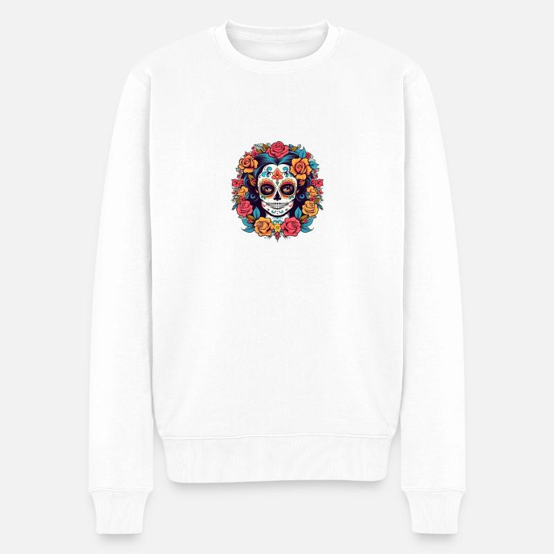 Tête de mort de Style fleur | Fleurs & tête de mort | L’art mexicain - Pull Premium bio Homme - blanc