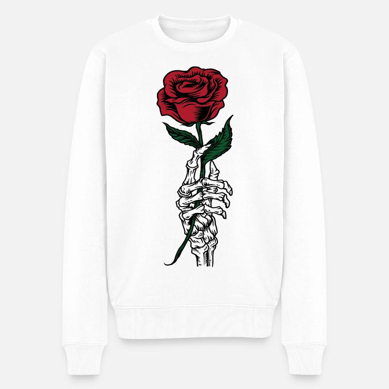 Skeletthand hält rote Rose - Männer Premium Bio Pullover - Weiß