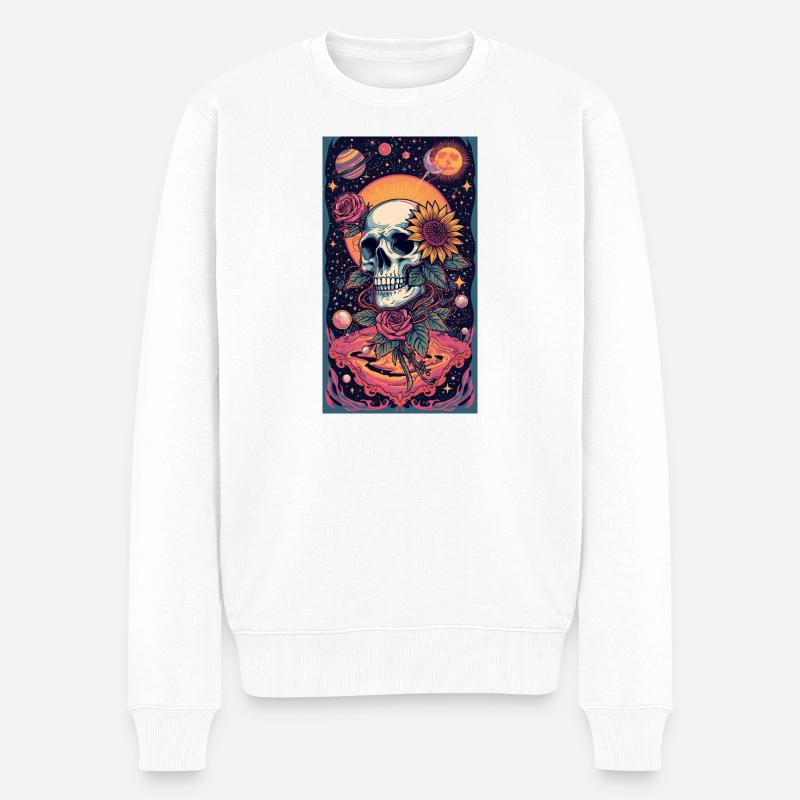 Schädel und Weltraumblume - Männer Premium Bio Pullover - Weiß