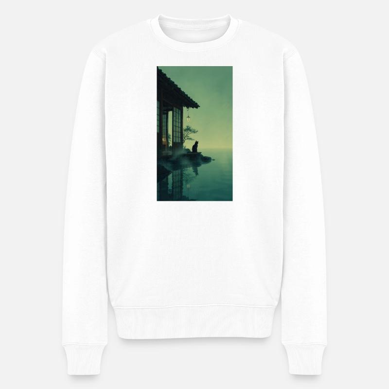 Schwarze Katze am Teehaus – Asian Zen Design - Männer Premium Bio Pullover - Weiß
