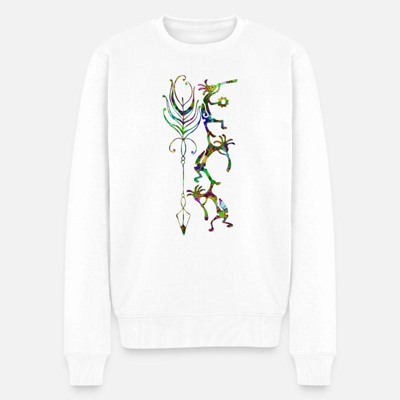 Kokopelli Musician Acrobats - Boho Feather 2 - Pull Premium bio Homme - blanc