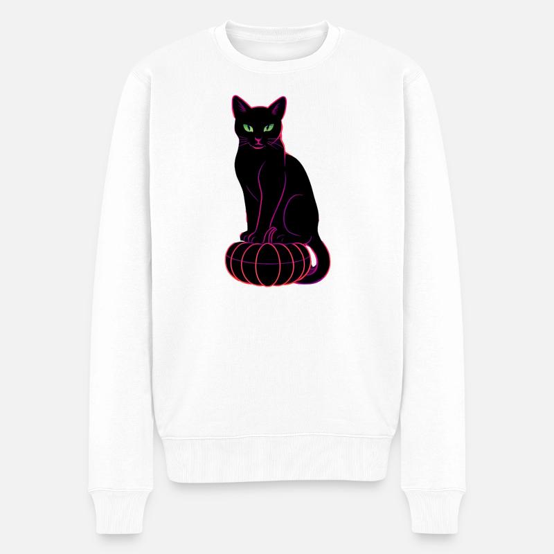 Chat néon sur citrouille noire - Pull Premium bio Homme - blanc