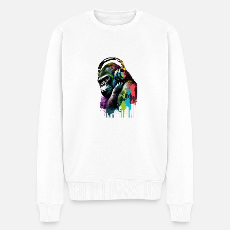 Gorilla mit Kopfhörern - Männer Premium Bio Pullover - Weiß