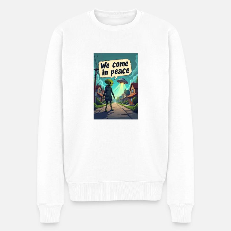 Ein netter, kleiner Alien entsteigt seinem UFO - Männer Premium Bio Pullover - Weiß