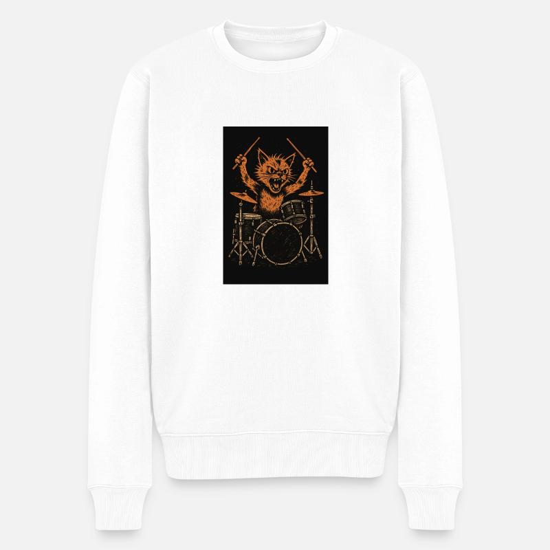 Drummer Cat Punk Rock Music - Männer Premium Bio Pullover - Weiß