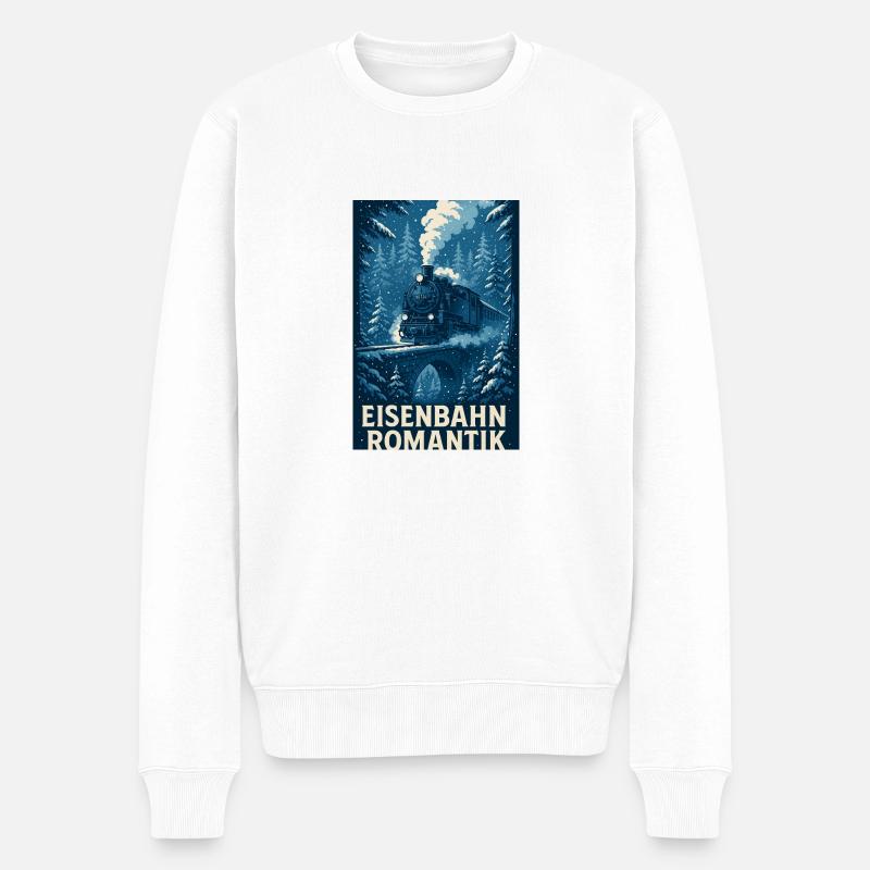 Eisenbahn Dampflok Winter Wald Romantik - Männer Premium Bio Pullover - Weiß
