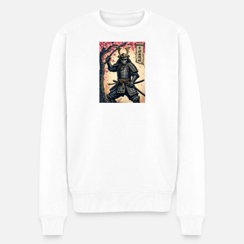 Skelett-Samurai im Kirschblütenwald - Männer Premium Bio Pullover - Weiß