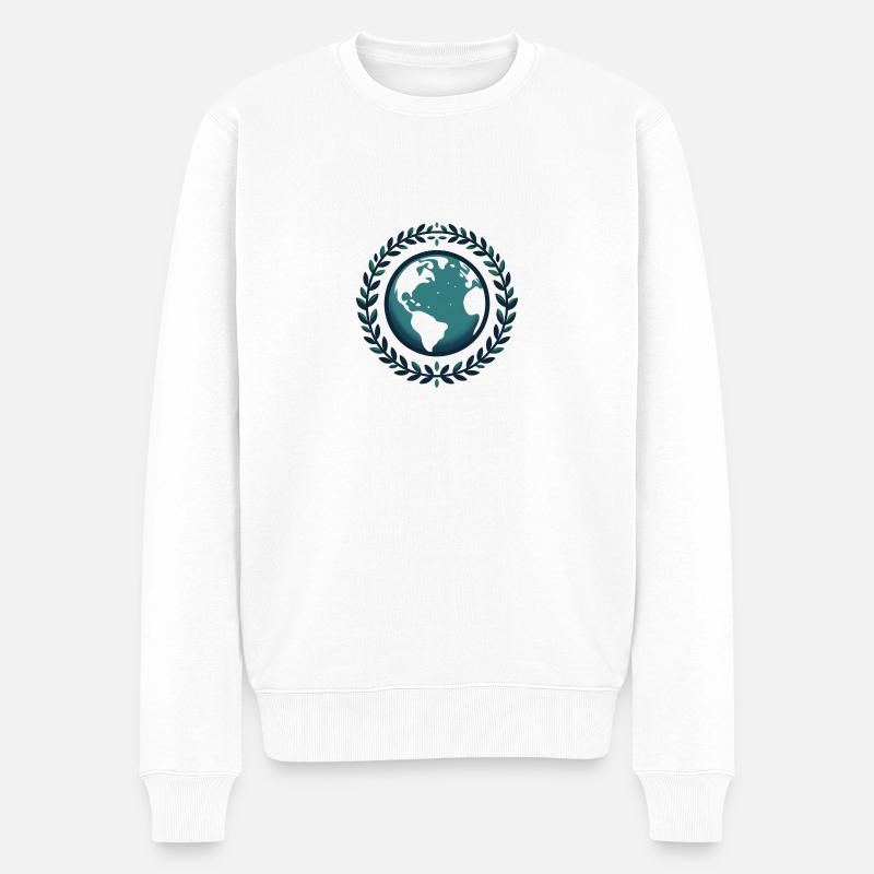 Weltkugel mit Blätterkranz - Männer Premium Bio Pullover - Weiß