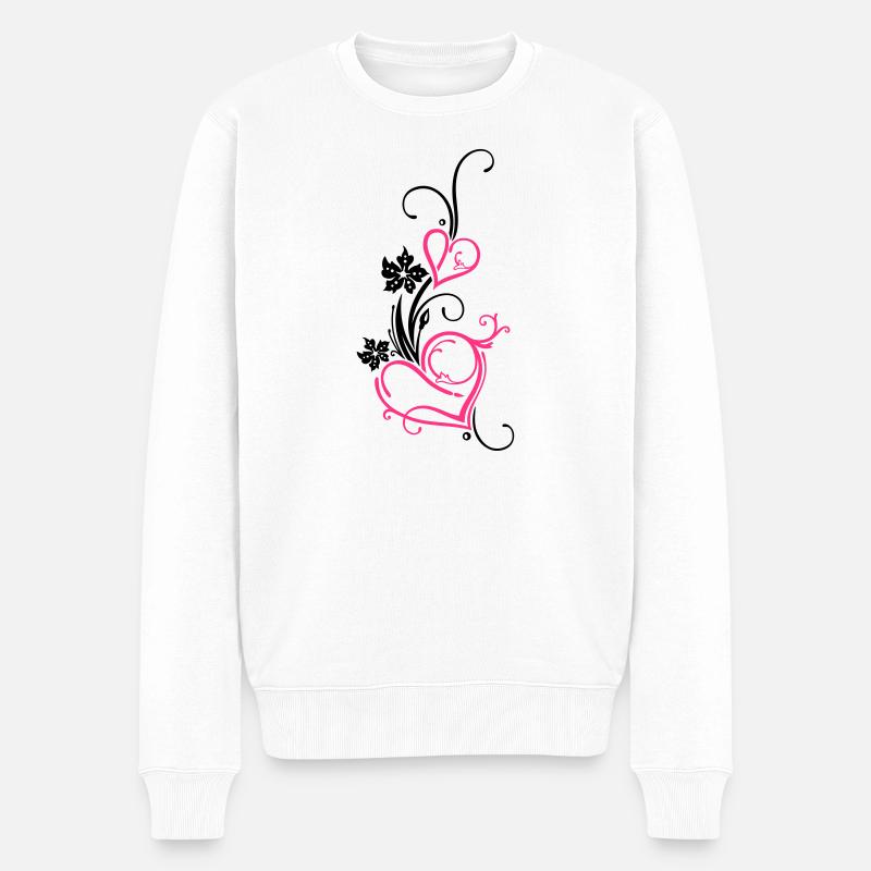 Zwei große Herzen mit Blumen, filigran - Pull Premium bio Homme - blanc