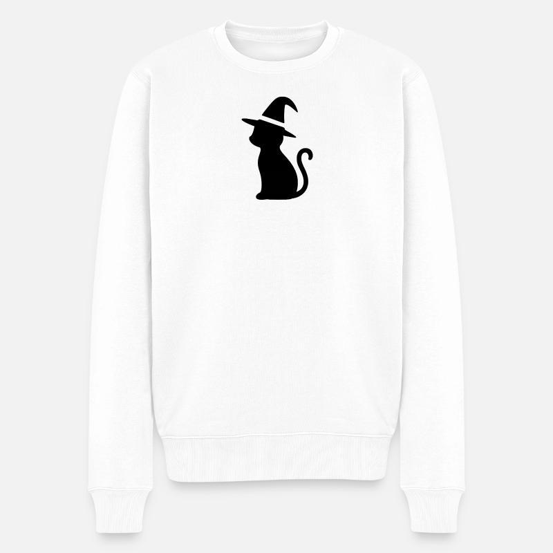 Katze mit Hexenhut - Männer Premium Bio Pullover - Weiß