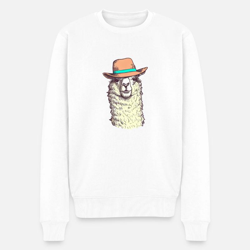 Lustiges Hut-Lama - Männer Premium Bio Pullover - Weiß