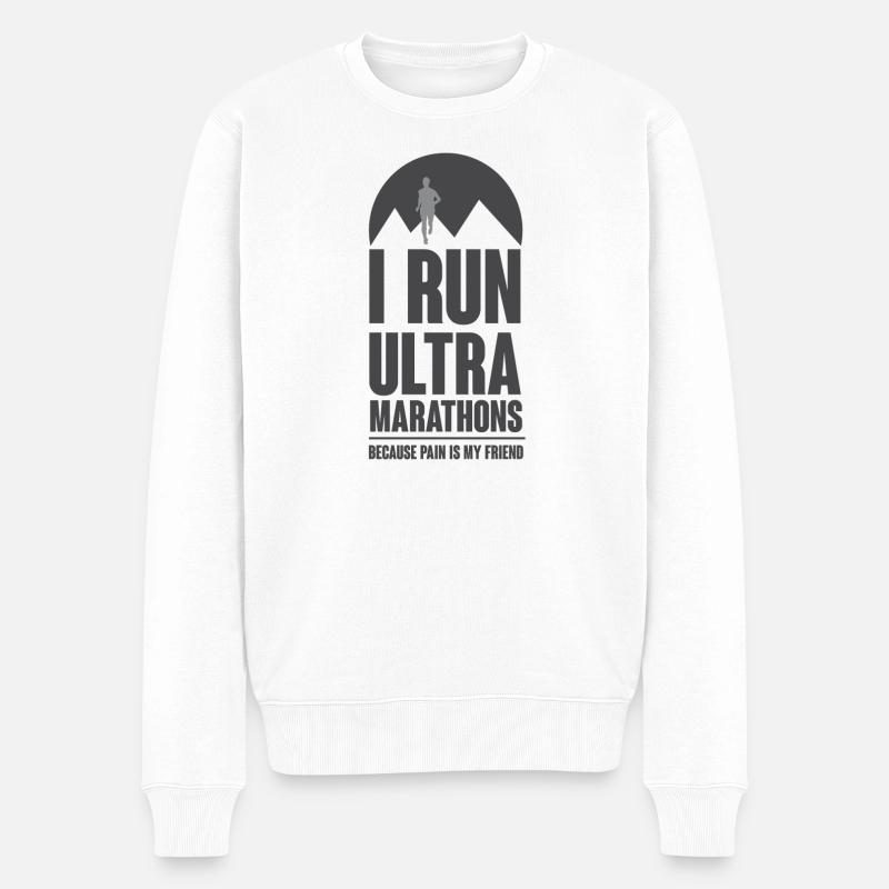 Ich lief Ultra-Marathons, weil Schmerz mein Freund ist - Männer Premium Bio Pullover - Weiß