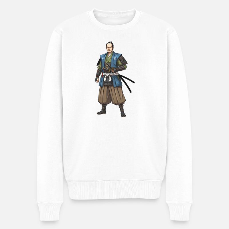 Edo Samurai in blauer Jacke - Männer Premium Bio Pullover - Weiß