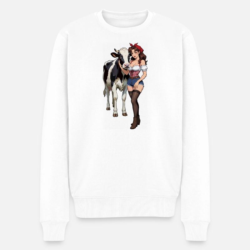 Pinup-Bauernfrau mit Kuh - Männer Premium Bio Pullover - Weiß
