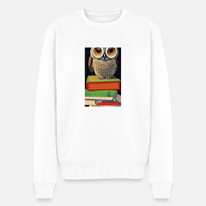 Comic Cartoon Süße Büchereule Eule Bücherstapel - Männer Premium Bio Pullover - Weiß