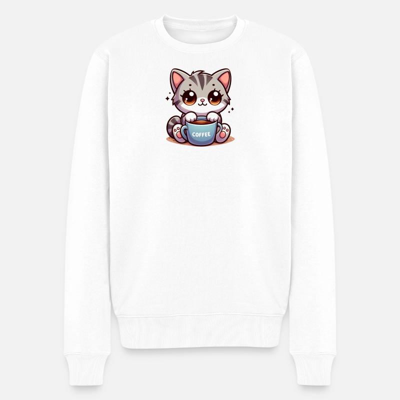 Katze mit Kaffeebecher 4 - Männer Premium Bio Pullover - Weiß