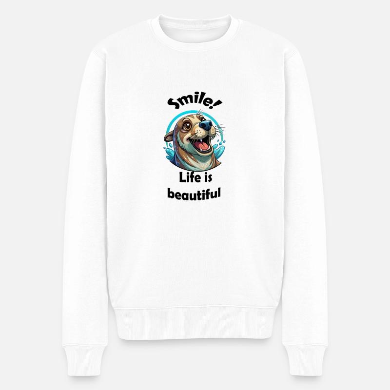 Lächeln Siegel Leben Schöne Freude Positive Botschaft - Männer Premium Bio Pullover - Weiß