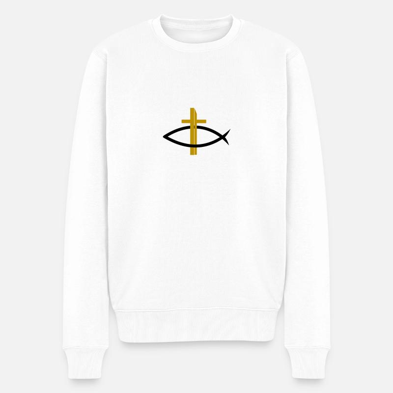 Itchys christianisme poisson avec une croix d'or - Pull Premium bio Homme - blanc
