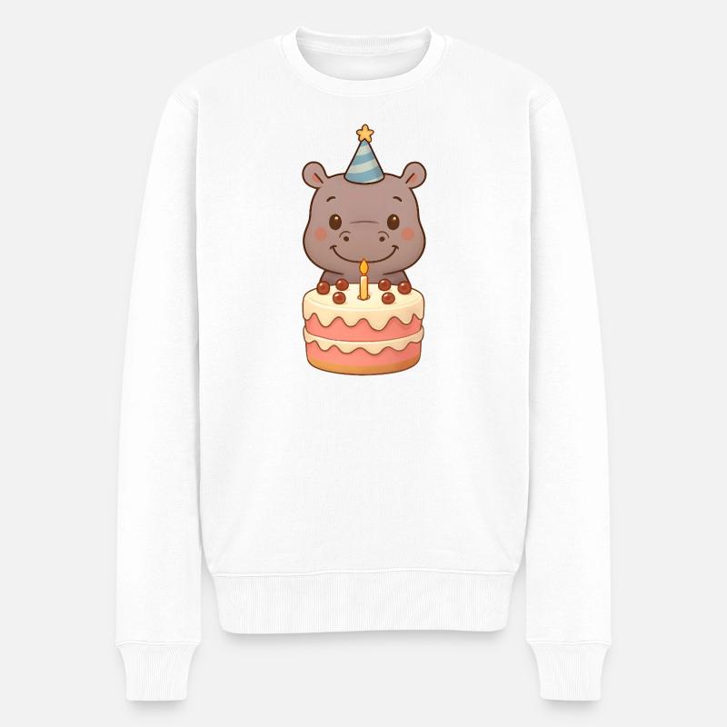 Kleiner Hippo mit Geburtstagstorte - Männer Premium Bio Pullover - Weiß