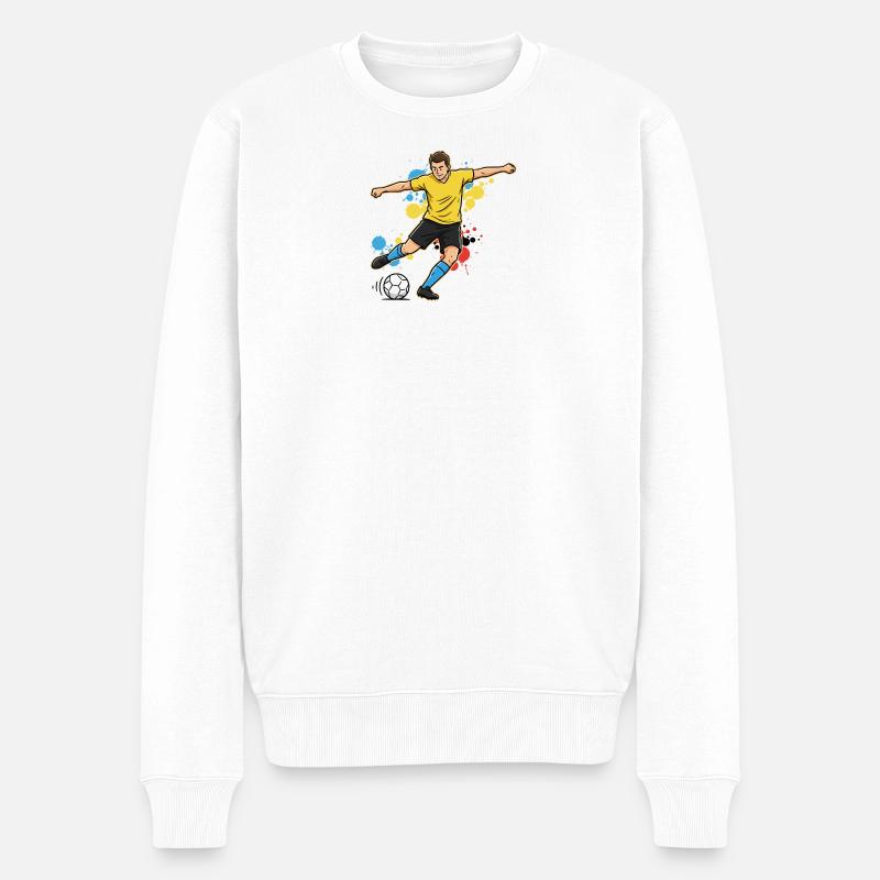 fussballspieler-comic-farbspritzer-gelb - Männer Premium Bio Pullover - Weiß