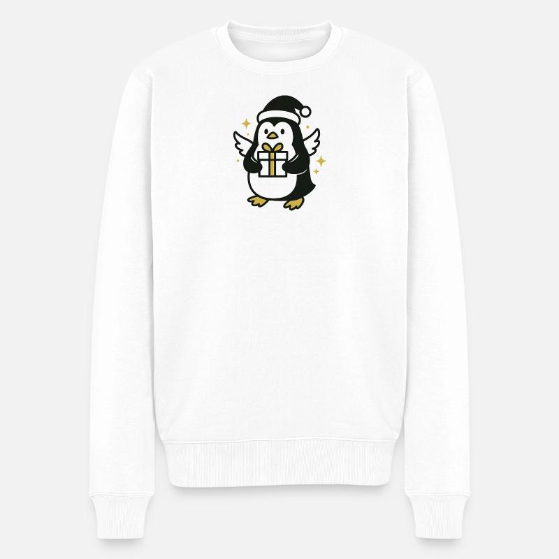 Pinguin mit Geschenk und Weihnachtsmütze - Männer Premium Bio Pullover - Weiß