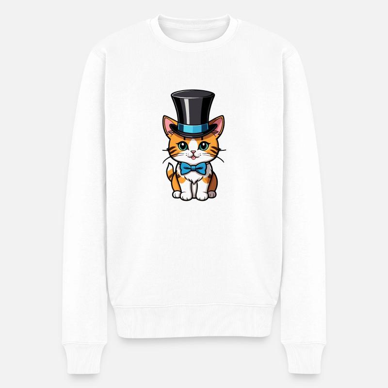 Katze mit Hut und Fliege - Männer Premium Bio Pullover - Weiß