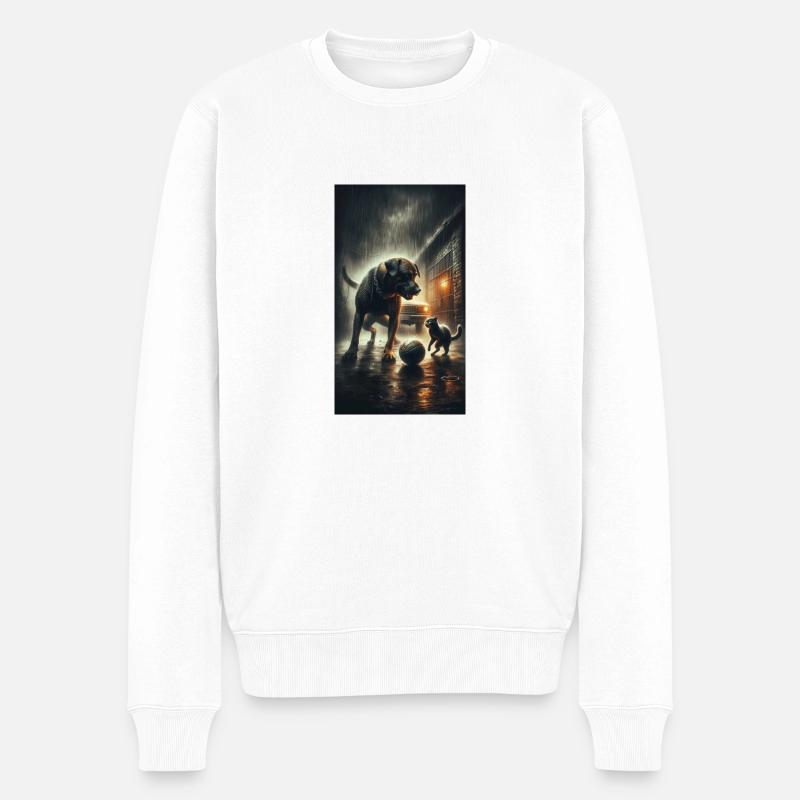 Hund und Katze spielen mit einem Ball - Männer Premium Bio Pullover - Weiß