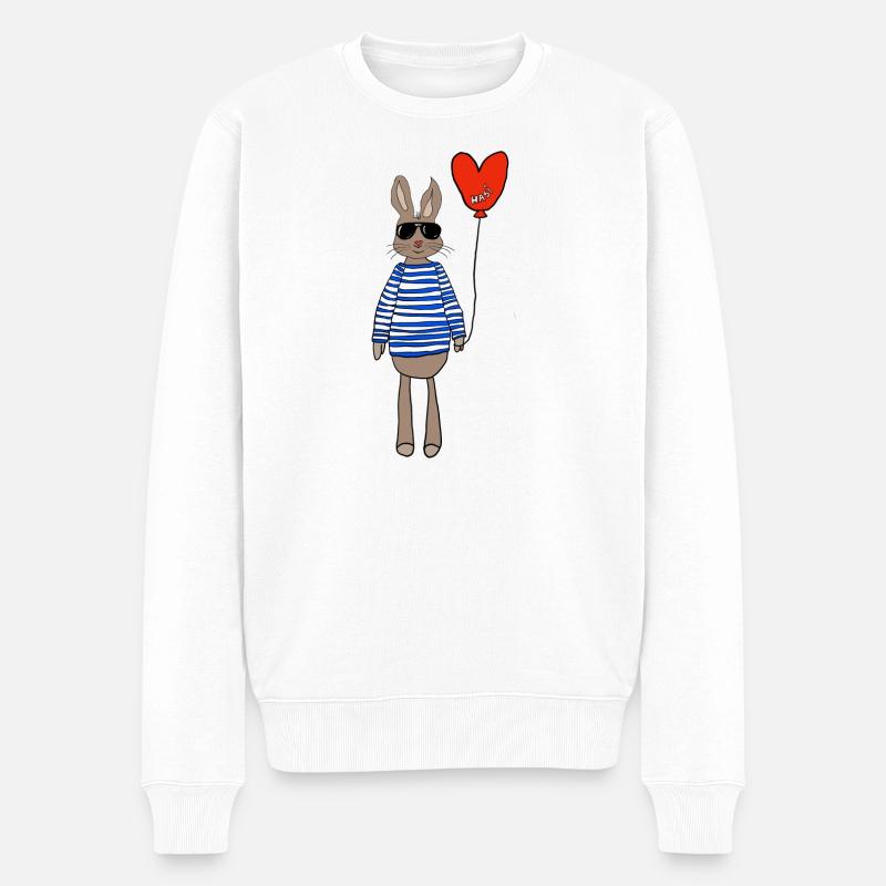 Hase im Streifenpulli mit Herzballon - Männer Premium Bio Pullover - Weiß