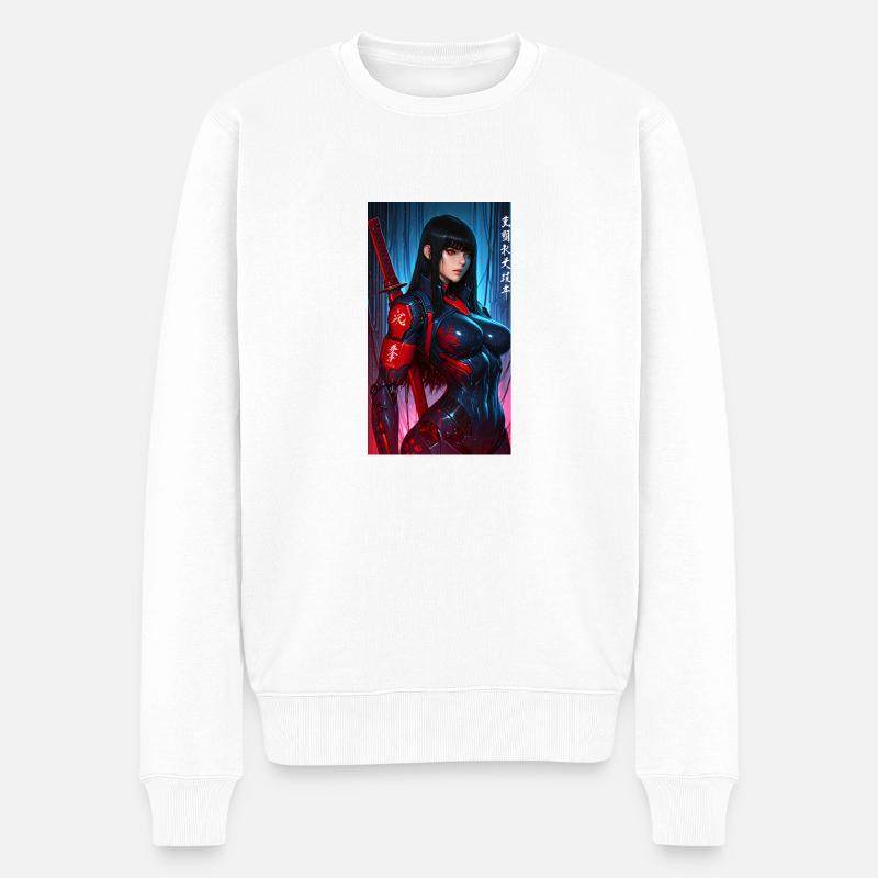 3D Sci-Fi Cyberpunk-Samurai-Kriegerin mit Katana - Männer Premium Bio Pullover - Weiß